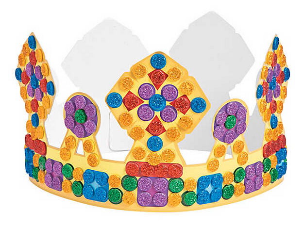 Crown craft with glittery stickers attached mosaic style.