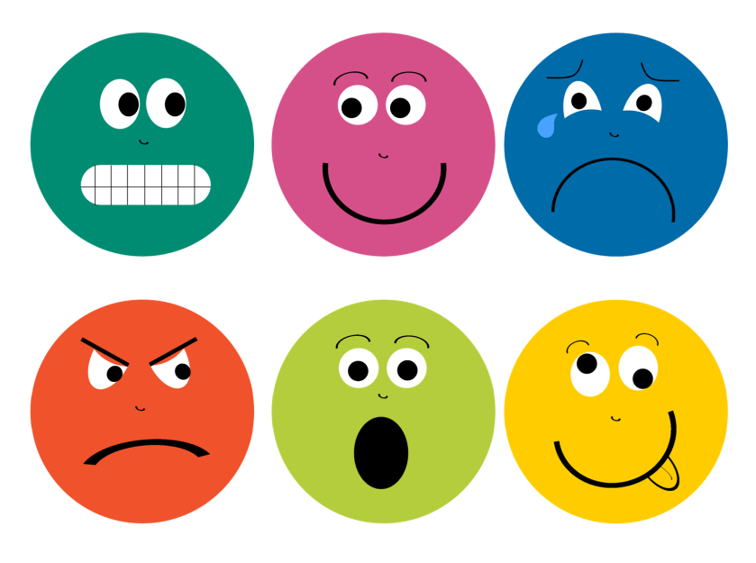 simple faces showing emotions: teal scared, pink happy, blue sad, red mad, green surprised, and yellow silly.