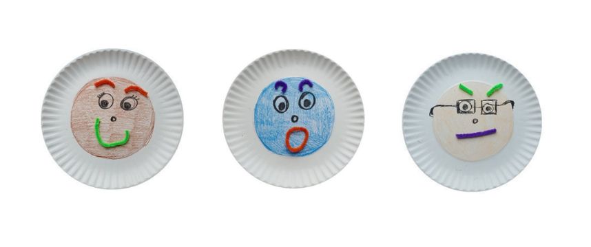 Picture of paper plate craft with examples of a happy, surprised, and angry face made with pipe cleaner mouths and eyebrows.