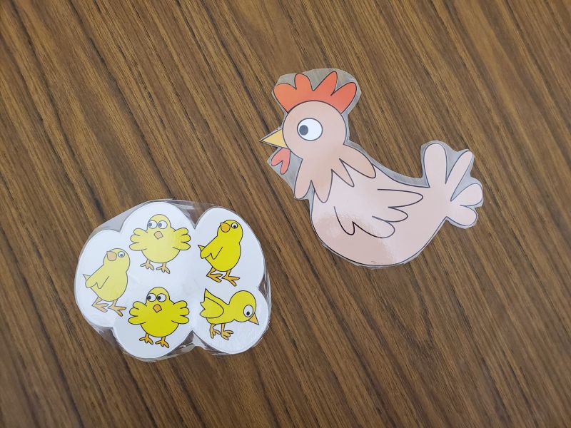 laminated printout of 5 chicks and separate laminated printout of a brown hen.