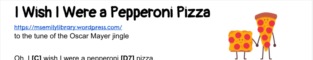 thumbnail for ukulele songsheet of "I Wish I Were a Pepperoni Pizza"