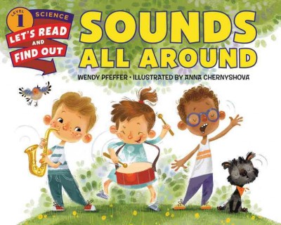 sounds all around book cover, with an illustration of three kids playing instruments.
