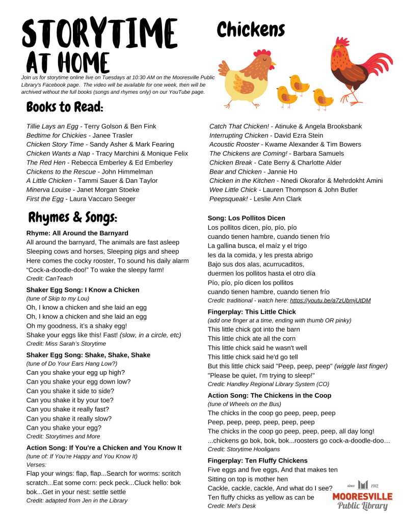 Storytime handout with suggested book list and rhyme and song lyrics.