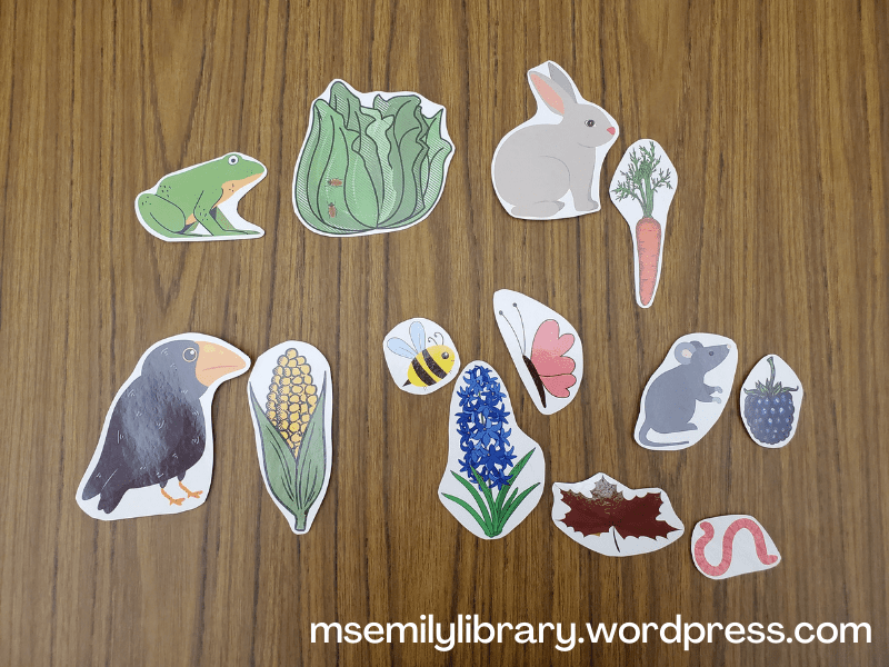 Laminated printed "flannel" showing a frog, lettuce plant that has bugs on it, rabbit, carrot, crow, corn, mouse, blackberry, worm, flat brown leaf, hyacinth flower, bee, and butterfly.