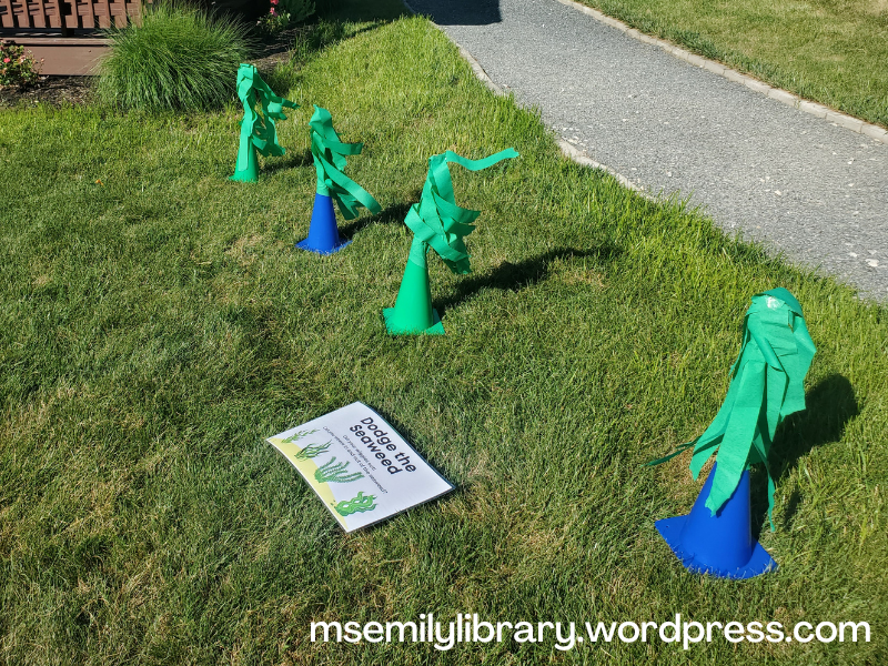 Dodge the seaweed station, with green and blue cones topped by green crepe paper "seaweed"