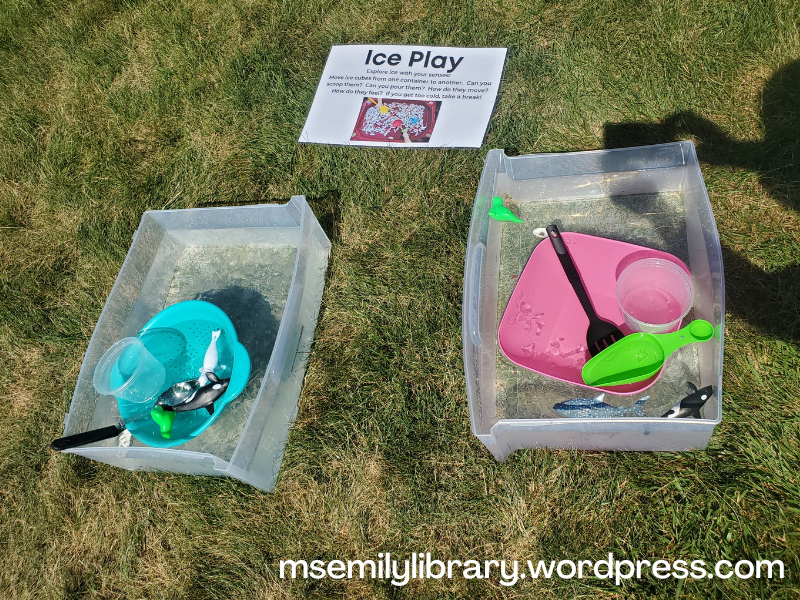 Ice play station with two plastic bins half filled with water and ice.  a teal colander is in one and a pink bowl is in another, with various slotted spoons, scoopers, and plastic whales and seals.