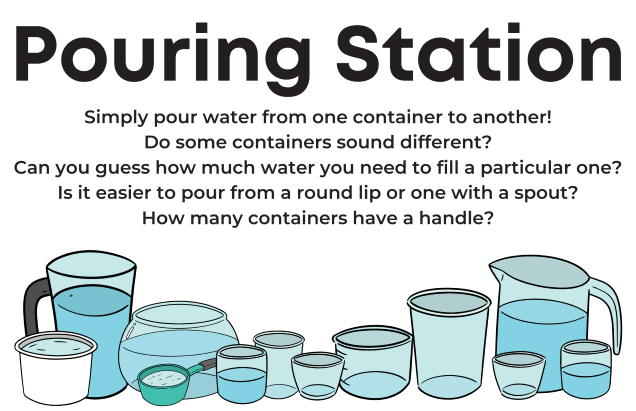 Pouring Station Sign:
"Simply pour water from one container to another! Do some containers sound different? Can you guess how much water you need to fill a particular one? Is it easier to pour from a round lip or one with a spout? How many containers have a handle?"