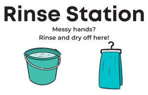 Rinse Station sign:
"Messy hands? Rinse and dry off here!"
