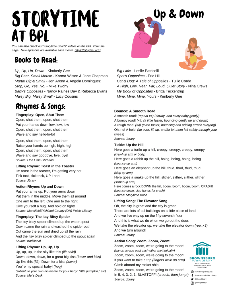 Storytime handout with song lyrics and suggested books.