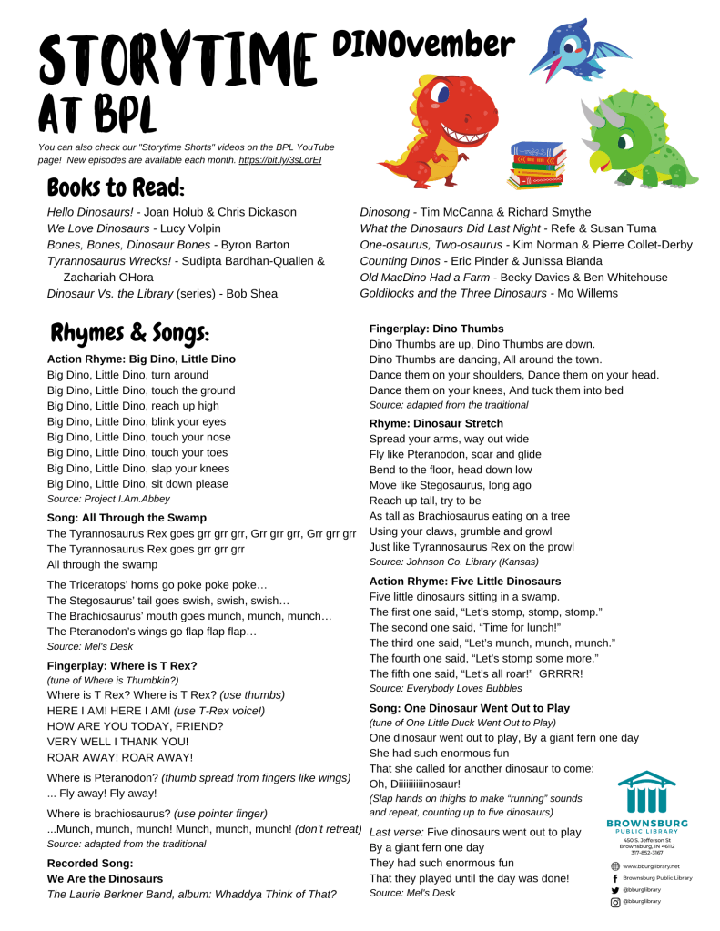 Handout with suggested books, rhyme and song lyrics.