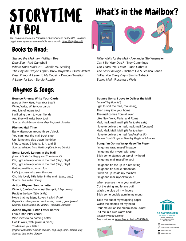 handout with suggested books and rhyme/song lyrics