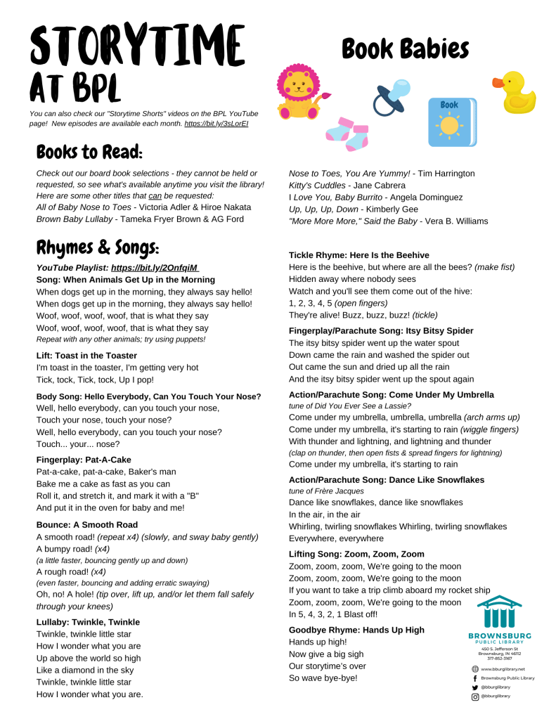Thumbnail for Book Babies handout with suggested books and rhyme and song lyrics.