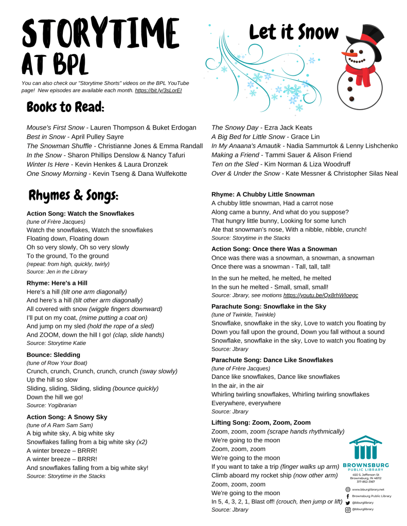 handout with suggested books, rhymes and song lyrics