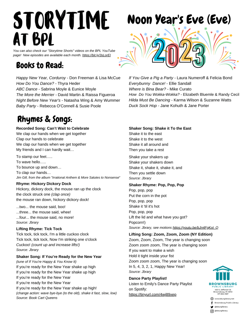 Thumbnail of handout including suggested books, rhyme and song lyrics.