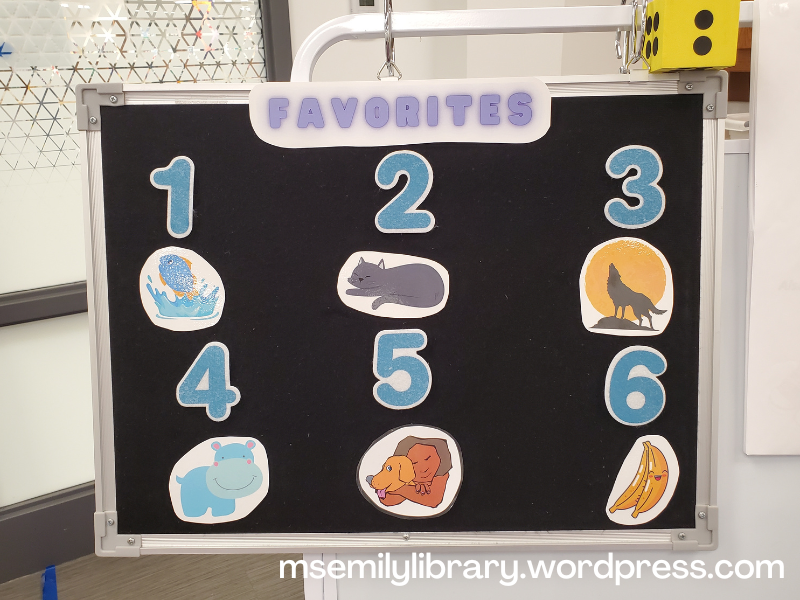 Flannelboard marked "Favorites" at the top, then numbered 1-6. Icons are: 1 fish jumping from water splash 2 gray sleeping cat, 3 coyote silhouetted in front of moon 4 cartoon hippo 5 a girl hugging a dog  6 bananas with smiley face