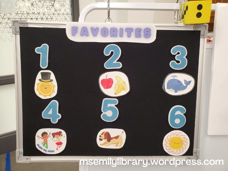 Flannelboard marked "Favorites" at the top, then numbered 1-6. Icons are: 1 a sun with a top hat 2 an apple and banana with smiley faces, 3 whale with pink and blue polkadots on its tail 4 two kids dancing 5 basset hound cartoon 6 sun with smiley face