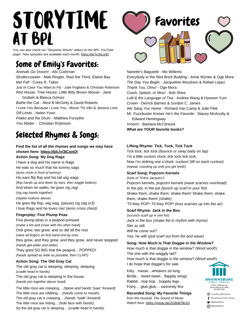 storytime handout with book suggestions, rhyme and song lyrics. Includes: Find all of the rhymes and songs we may have chosen here: https://bit.ly/3ICgnQI