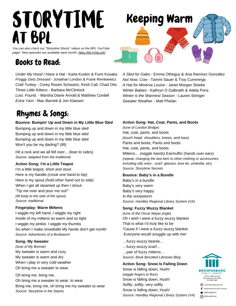 handout with book suggestions, rhyme and song lyrics