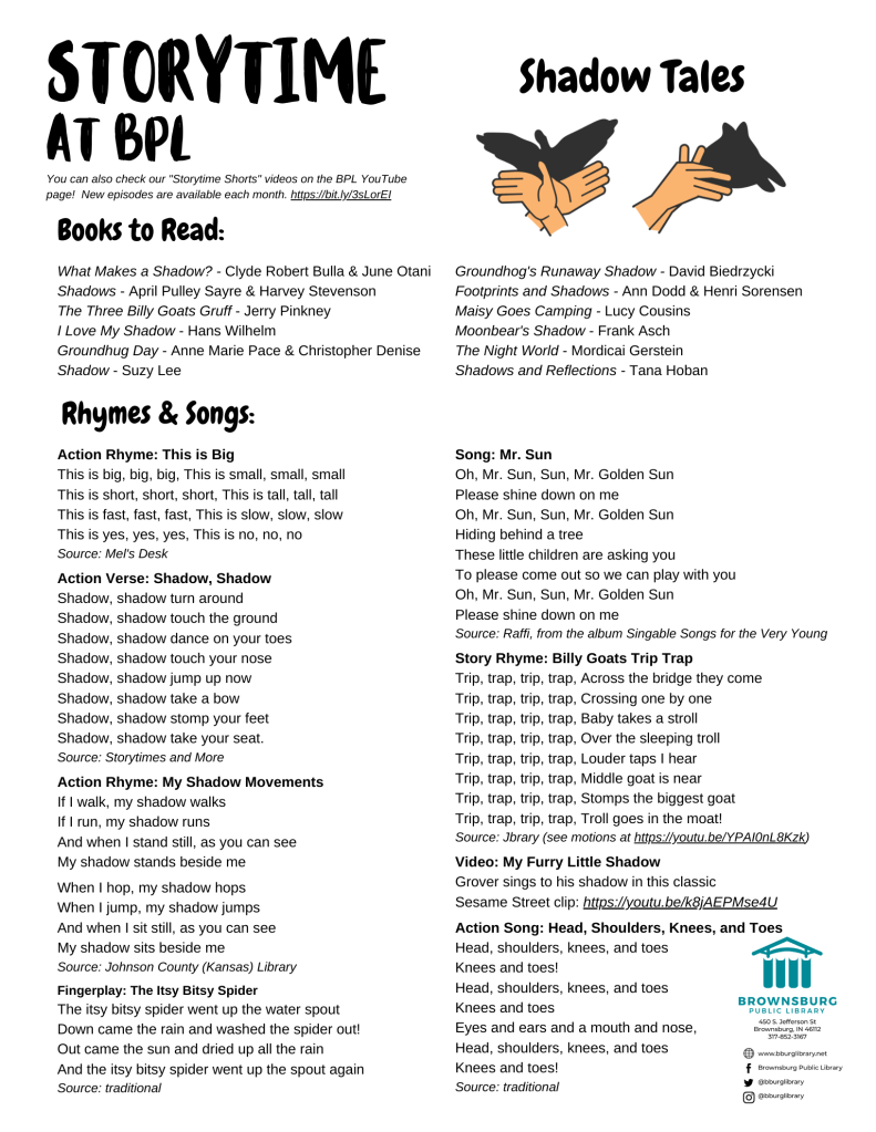 Handout with suggested books rhyme and song lyrics.