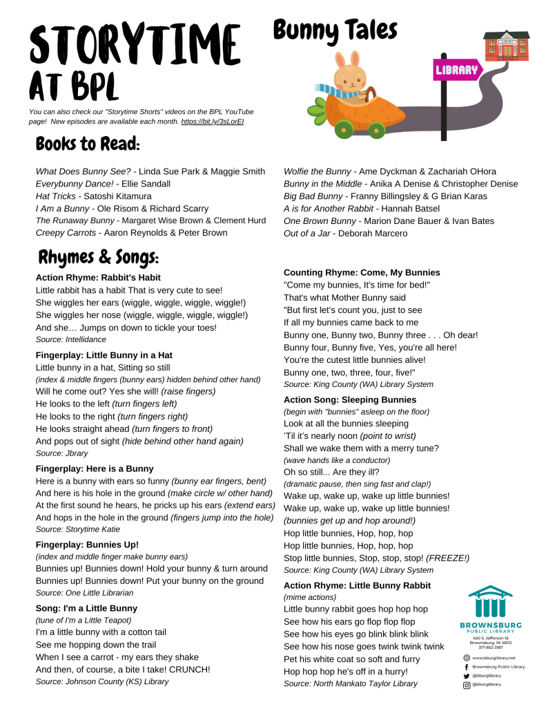 handout with book suggestions, rhyme and song lyrics.