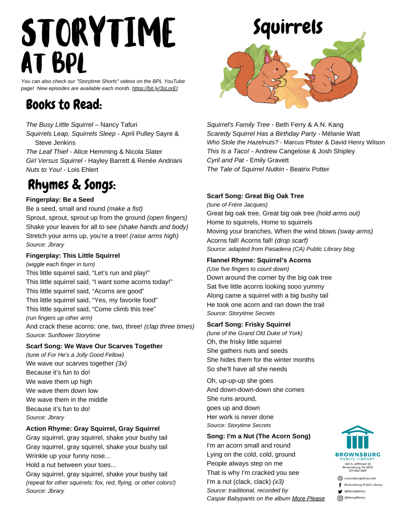 handout with suggested books, rhyme and song lyrics