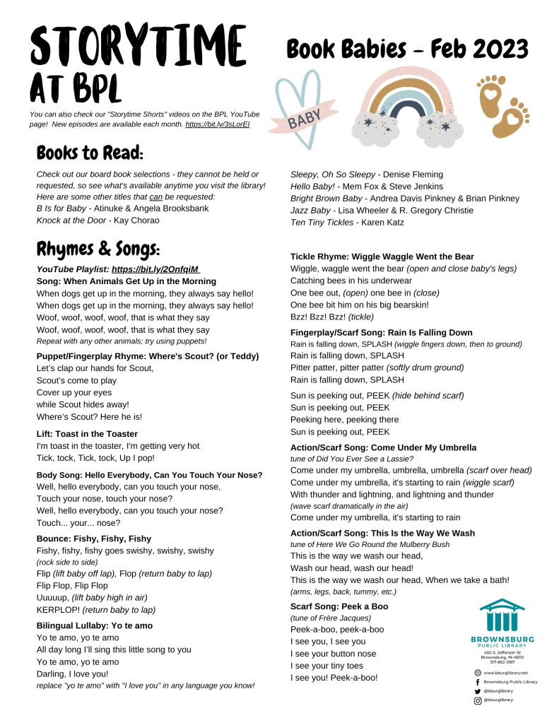 handout with suggested books, rhyme and song lyrics.