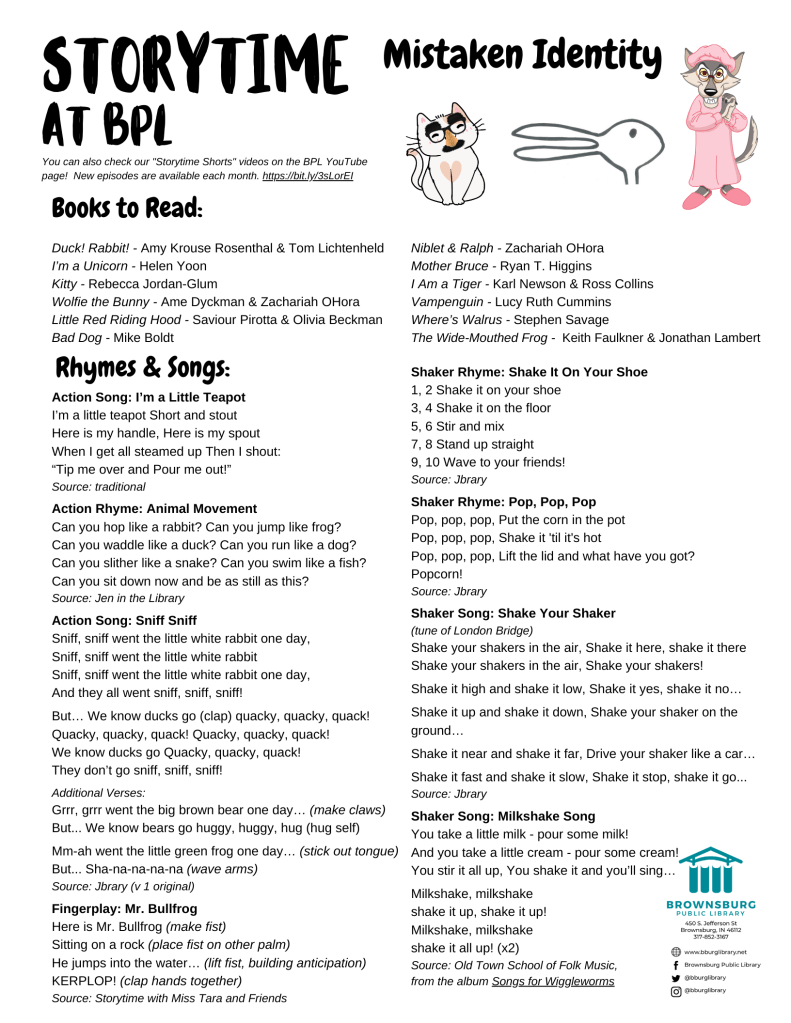 handout including suggested books, rhyme and song lyrics.