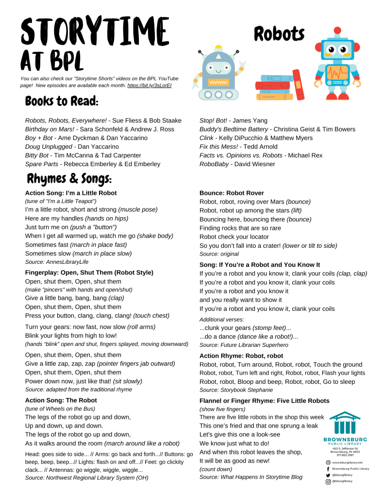 handout with suggested books, rhyme, and song lyrics.