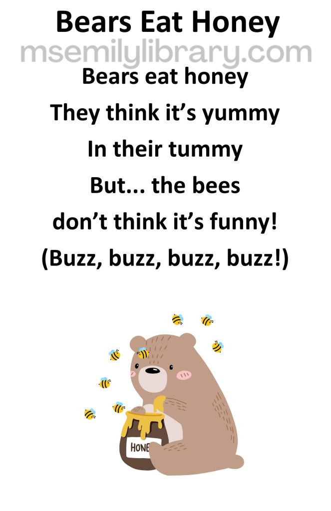 Bears eat honey thumbnail, with a graphic of a bear with a paw in a honeypot, surrounded by bees. click the image to download a non-branded PDF