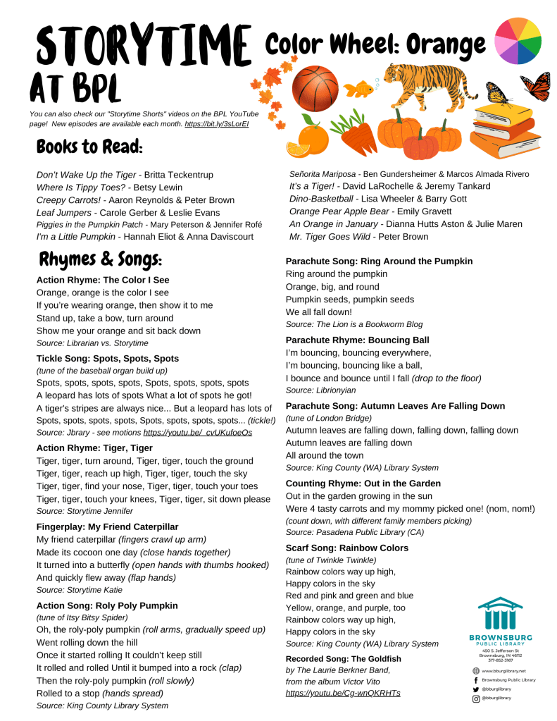 handout with suggested books, rhyme and song lyrics.