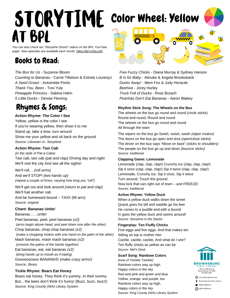 thumbnail of handout with book suggestions, rhyme and song lyrics