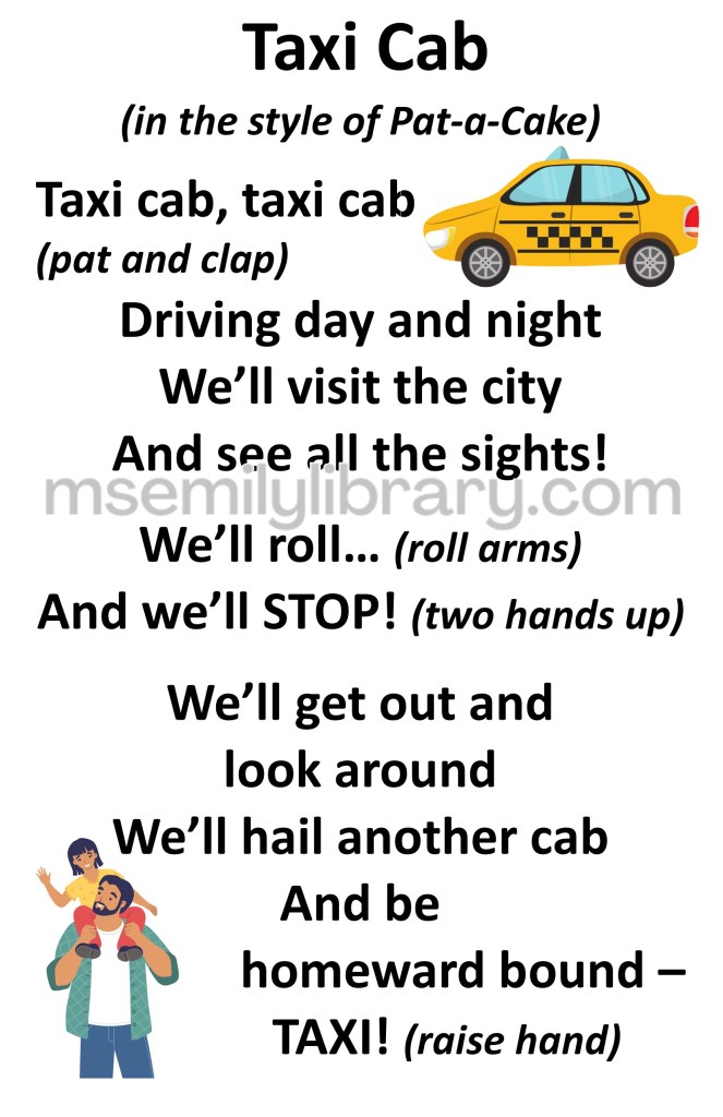 Taxi cab thumbnail, with a graphic of a taxi at the top and a child sitting on their grownups shoulder's raising their hand at the bottom. click the image to download a non-branded PDF