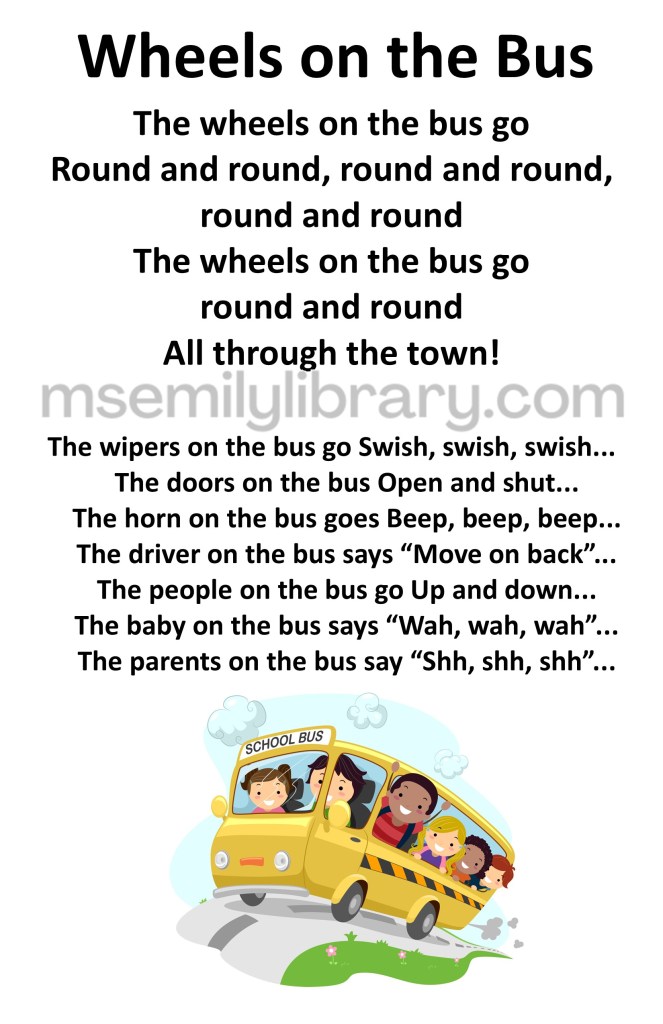 Wheels on the bus thumbnail, with a graphic of diverse children in a yellow school bus. click the image to download a non-branded PDF