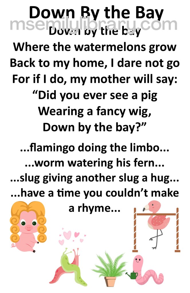 down by the bay pink edition thumbnail, with a graphic of a pig wearing a curly blonde wig, two slugs crisscrossed with pink hearts above them, a pink worm holding a watering can by a potted fern, and a flamingo behind a limbo stick. click the image to download a non-branded PDF