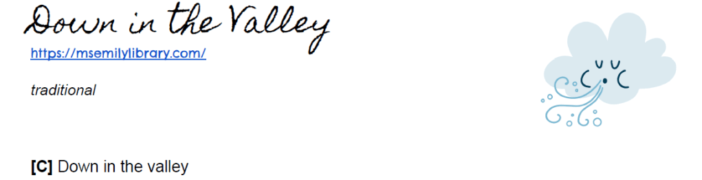 Ukulele songsheet Thumbnail for Down in the Valley