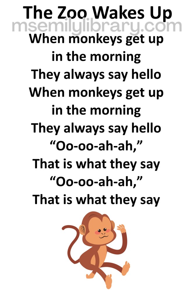 the zoo wakes up thumbnail, with a graphic of a monkey waving. click the image to download a non-branded PDF