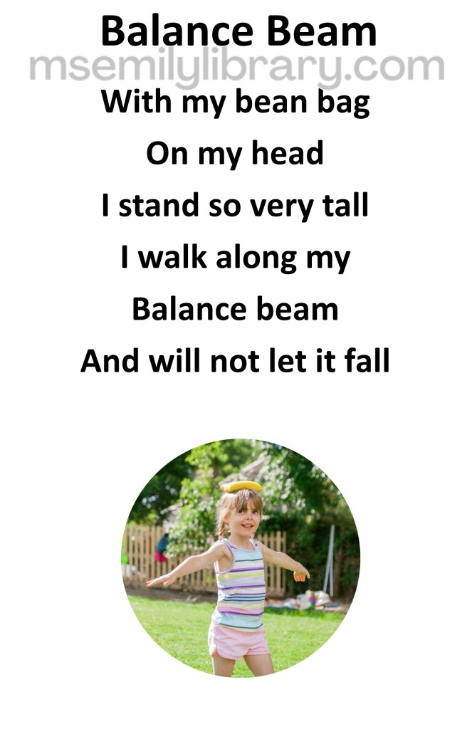 Balance beam thumbnail, with a graphic of a girl with a yellow beanbag on her head, with her arms to both sides as if balancing. click the image to download a non-branded PDF