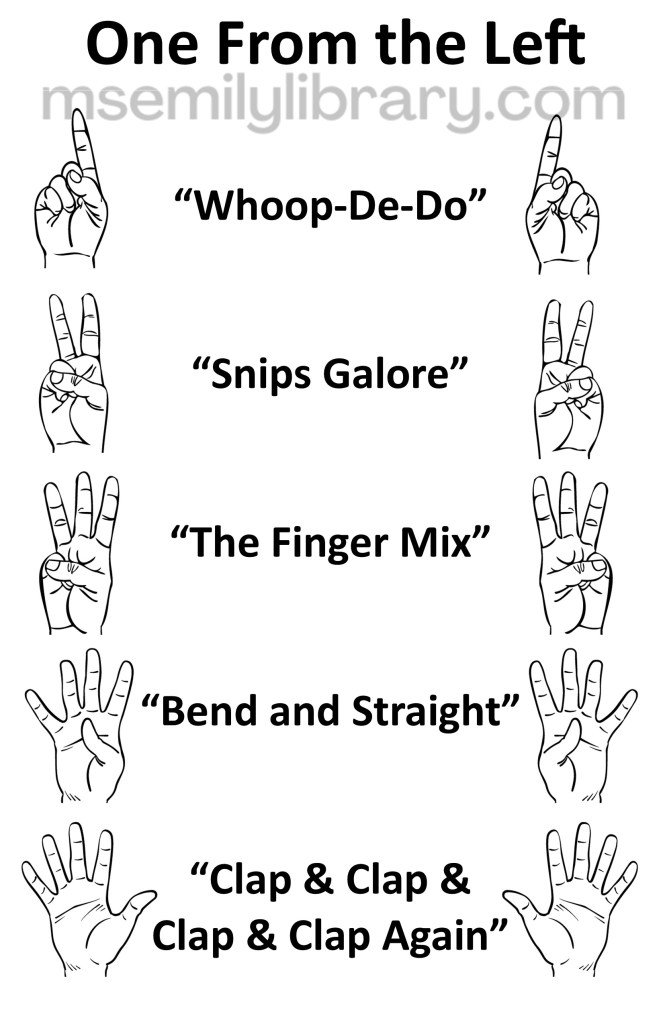 One from the left thumbnail, with a graphic of a line drawing of a hand on each side of the name of the dance holding up that number of fingers. 1- whoop de do, 2- snips galore, 3 - the finger mix, 4- bend and straight, 5 - clap and clap and clap and clap again. click the image to download a non-branded PDF