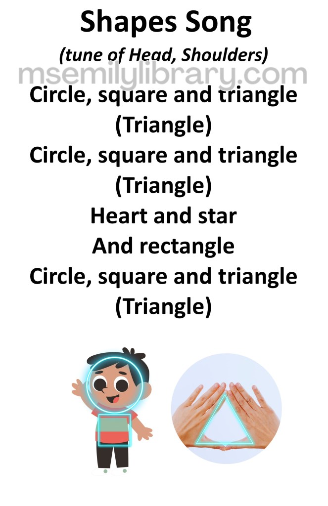 shapes song thumbnail, with a graphic of a waving boy with a superimposed circle shape around his head and square at his middle, and a photograph of hands making a triangle shape with a triangle drawn over the top. click the image to download a non-branded PDF