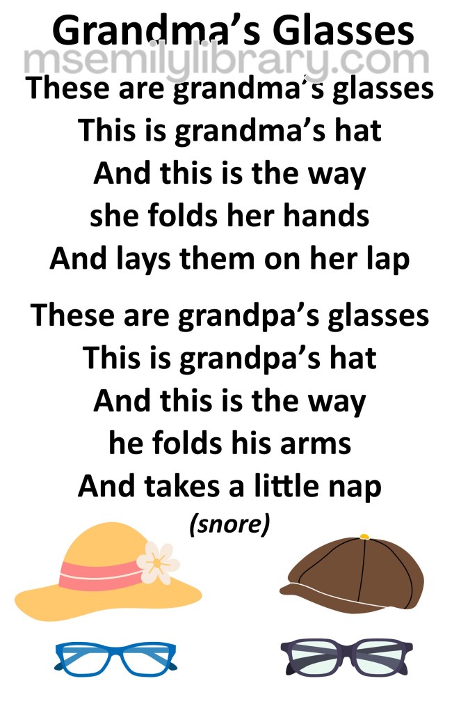 grandma's glasses thumbnail, with a graphic of a sunhat with a flower and a newsboy style cap, plus a pair of blue-rimmed and black-rimmed glasses. click the image to download a non-branded PDF