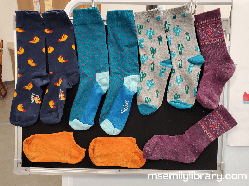 Photo of 10 adult sized socks on a flannelboard, 5 pairs: navy with hot dogs, teal with purple dots, gray with cactuses, purple with an alpine pattern, and neon orange no-show socks.