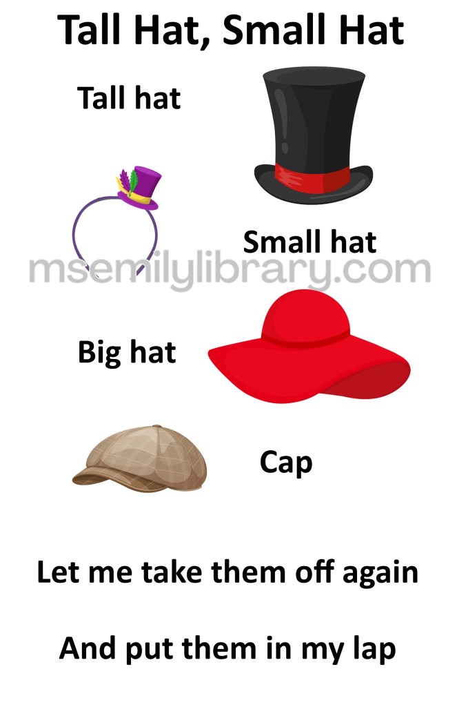tall hat small hat thumbnail, with a graphic of a tall black top hat, a tiny purple top hat attached to a headband, a red hat with a wide floppy brim, and a brown newsboy style cap. click the image to download a non-branded PDF