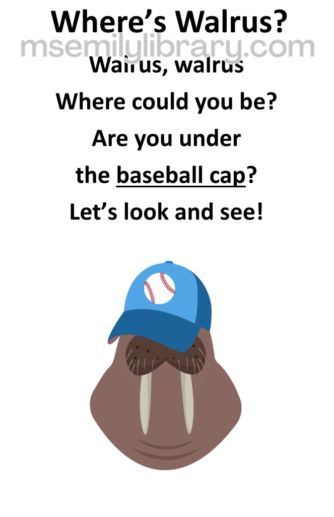where's walrus thumbnail, with a graphic of a walrus wearing a blue baseball cap that is obscuring his eyes and nose. click the image to download a non-branded PDF