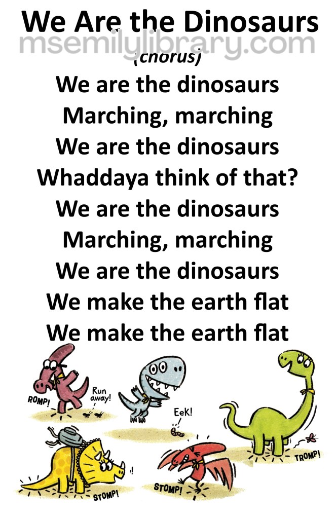 we are the dinosaurs thumbnail, with a graphic of the Ben Clanton dinosaur illustration from the We Are The Dinosaurs book. The lyrics of only the chorus are pictured. click the image to download a non-branded PDF