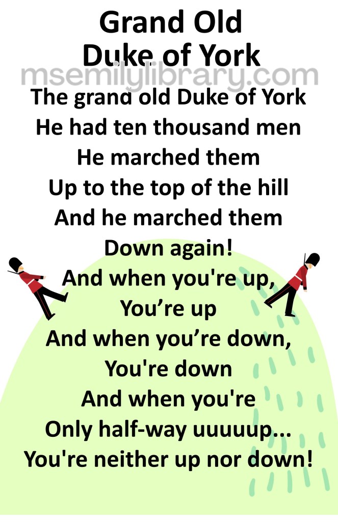 grand old duke of york thumbnail, with a graphic of a large hill of green behind the text, with a British soldier marching up one side and another marching down the other. click the image to download a non-branded PDF