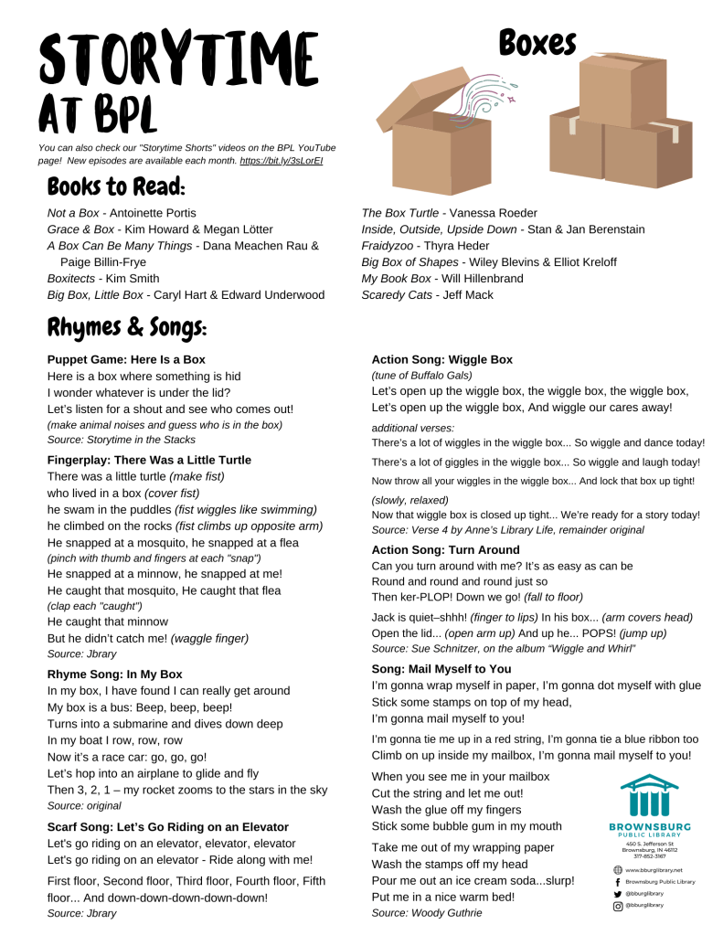 handout with suggested books, rhyme and song lyrics.
