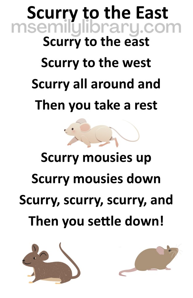 scurry to the east thumbnail, with a graphic of three inquisitive mice, white, grey, and tan. click the image to download a non-branded PDF