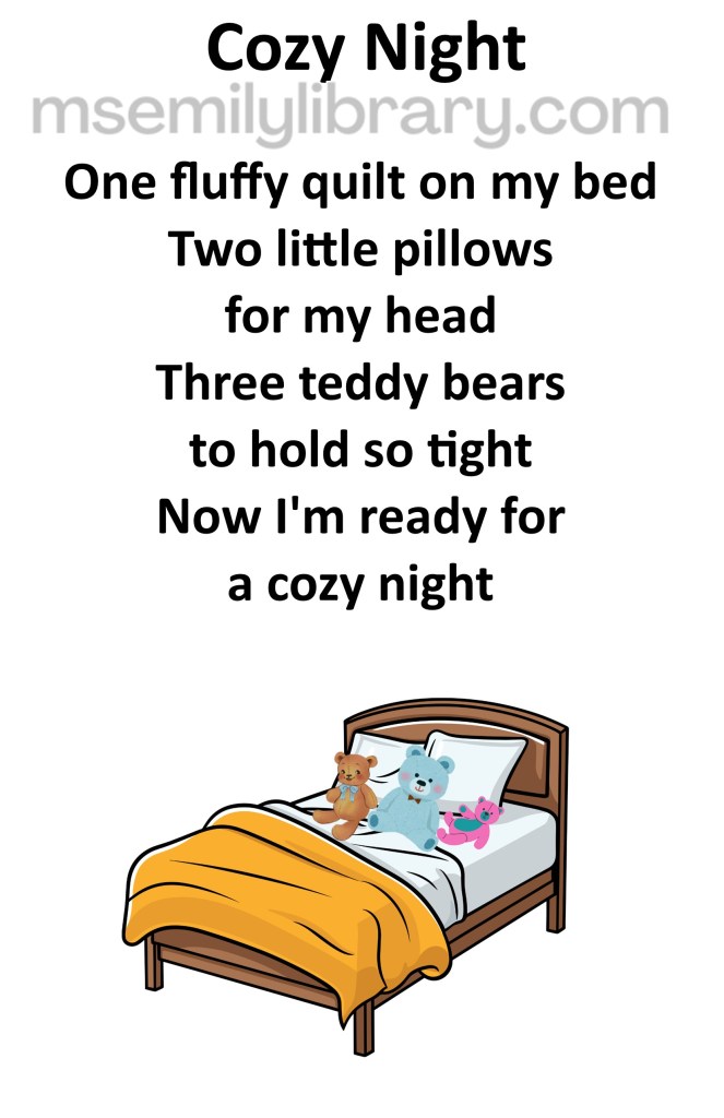 Cozy night thumbnail, with a graphic of an unmade bed with a yellow blanket, two pillows, and three various teddy bears. click the image to download a non-branded PDF