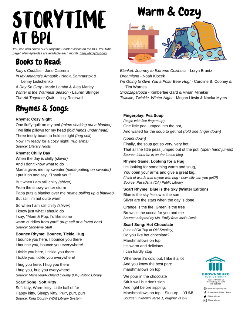 handout with book suggestions, rhyme and song lyrics.