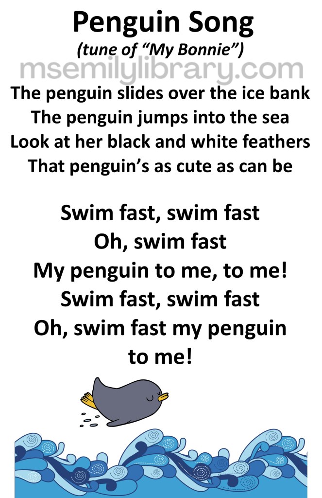 penguin song thumbnail, with a graphic of a wavy ocean at the bottom of the page, with a penguin seeming to jump out of the waves. click the image to download a non-branded PDF